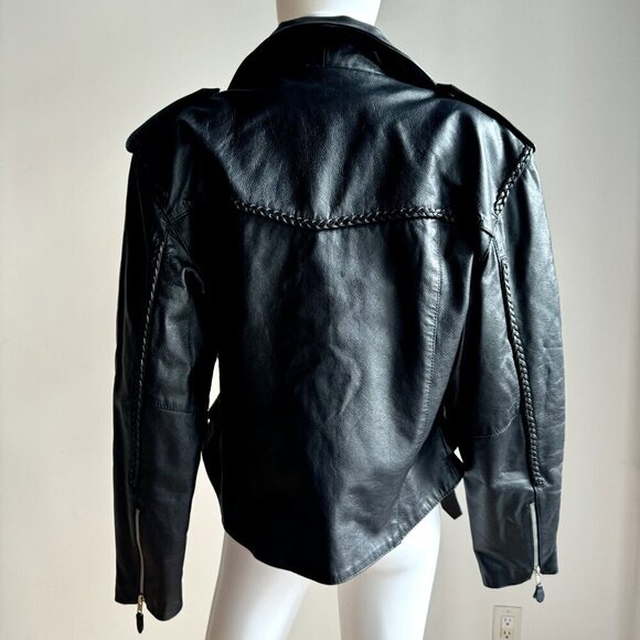 Vintage Black Leather Braided Detail Motorcycle Jacket M/L - Picture 8 of 10